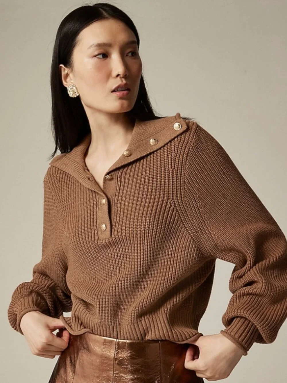 NWOT Women's J.Crew Ribbed cotton button-collar sweater, size: XS, color: camel